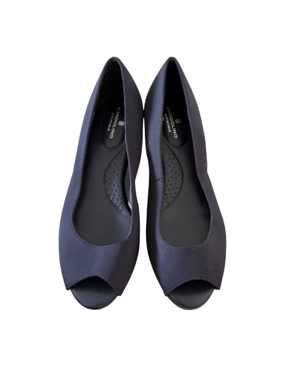 BANDOLINO Navy Fabric Peeptoe Wedges Size 7.5W